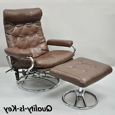 Vtg Mid Century Modern Ekornes Stressless Brown Leather Lounge Chair Regarding Medium Brown Leather Folding Stools (View 6 of 20)