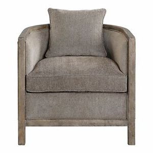 Weathered Wood Gray Chenille Tub Arm Chair | Accent Barrel Round Comfy Throughout Satin Gray Wood Accent Stools (View 11 of 20)