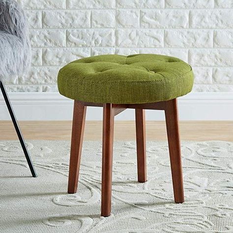 Wemart Linen Tufted Round Ottoman With Solid Wood Leg, Upholstered With Regard To Weathered Wood Ottomans (View 12 of 20)