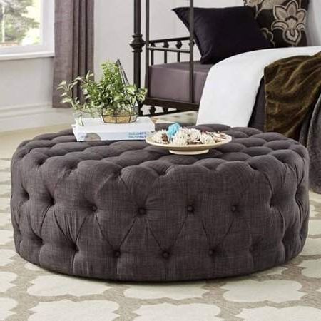 Weston Home 42" Round Tufted Cocktail Ottoman, Dark Gray Linen For Linen Sandstone Tufted Fabric Cocktail Ottomans (View 8 of 20)