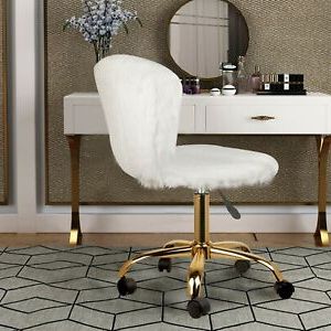 White Armless Swivel Office Task Side Chair Faux Fur Makeup Vanity Inside White And Clear Acrylic Tufted Vanity Stools (View 12 of 20)