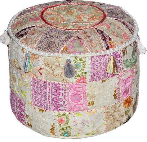 White Bohemian Vintage Patchwork Indian Handmade Pouf Large Round Pertaining To White Large Round Ottomans (View 17 of 20)