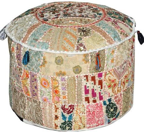 White Bohemian Vintage Patchwork Indian Pouf Large Round Ottoman Seat For White Large Round Ottomans (View 7 of 20)