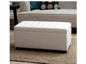 White Faux Leather Storage Bench Tufted Large Fabric Wood Seat Ottoman Throughout White Solid Cylinder Pouf Ottomans (View 15 of 20)