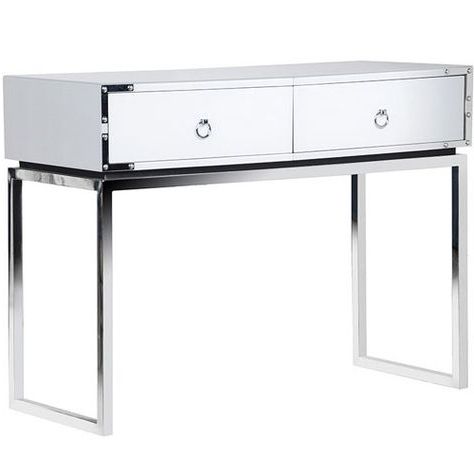 White Glass And Chrome 2 Drawer Table | Glass Console Table, Mirrored Inside Glass And Pewter Console Tables (View 1 of 20)