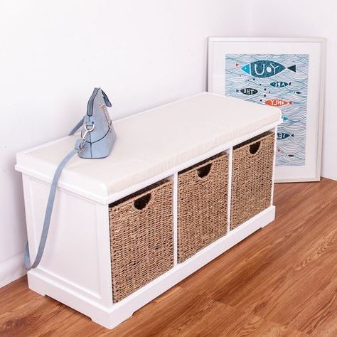 White Wooden Storage Bench Seater With 3 Sea Grass Basket Drawers With Walnut Wood Storage Trunk Console Tables (View 17 of 20)