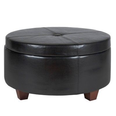 Winston Large Round Button Top Storage Ottoman Faux Leather Black For Black Faux Leather Storage Ottomans (View 11 of 20)