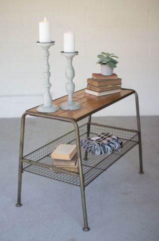 Wood And Metal Console With Wire Mesh Lower Tray | Metal Console Table In Metal Console Tables (View 11 of 20)