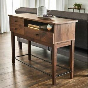 Wood Console Table With Cubby Storage Drawers Walnut Brown Modern Sofa Pertaining To Brown Console Tables (View 3 of 20)