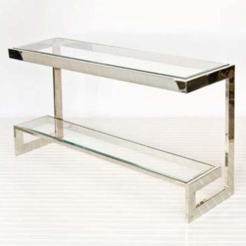 Worlds Away Noho Low Console In Nickel Plate With Clear Glass Shelves With Regard To Clear Glass Top Console Tables (View 3 of 20)
