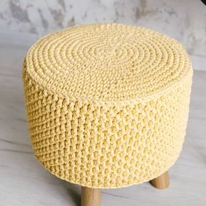 Yellow Crochet Pouf On Legs. Ottoman Pouf. Round Stool (View 11 of 20)