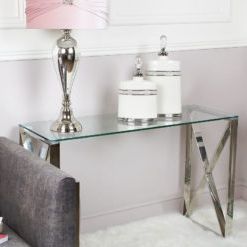 Zenn Contemporary Stainless Steel Clear Glass Console Hall Table Regarding Stainless Steel Console Tables (View 17 of 20)