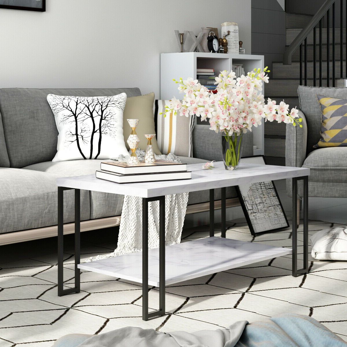 2019 2 Tier Metal Coffee Tables Throughout Zimtown 2 Tier Rectangular Coffee Table With Black Metal Frame And Hollow  Metal Legs For Living Room Accent Furniture Beside Sofa Cocktail Table –  Walmart (View 6 of 20)
