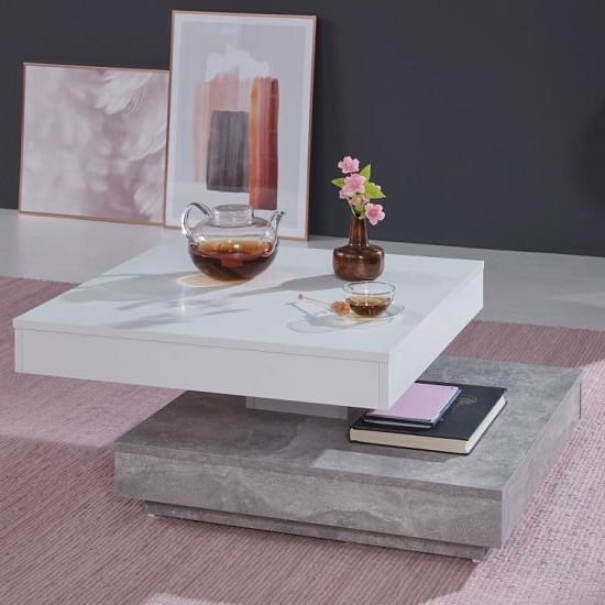 2019 Rotating Wood Coffee Tables Within Brunch Rotating Coffee Table Square In White And Cement Grey (View 18 of 20)