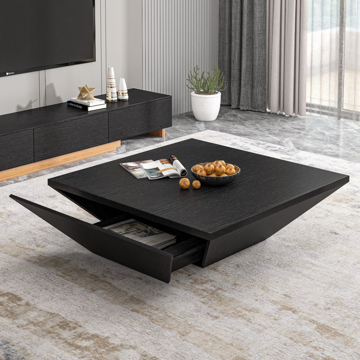 2020 Black Square Coffee Tables Within Modern Black Wooden Coffee Table (View 4 of 20)