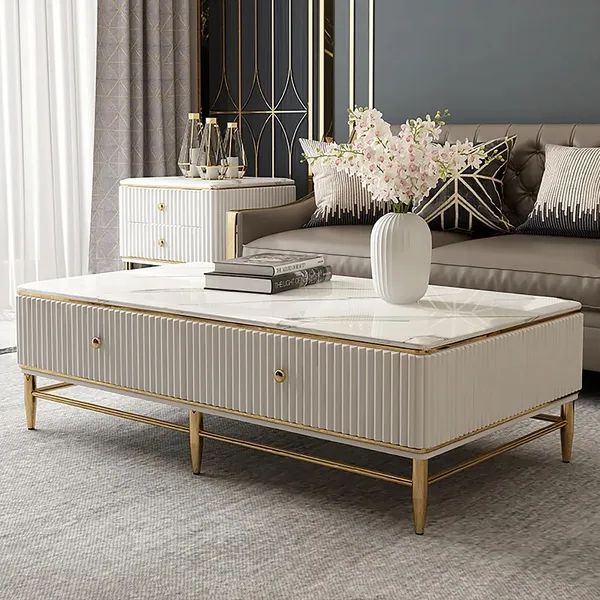 2020 White Faux Marble Coffee Tables Intended For Bline 1300mm White Faux Marble Rectangle Coffee Table In Gold With Storage  4 Drawers Homary (View 8 of 20)