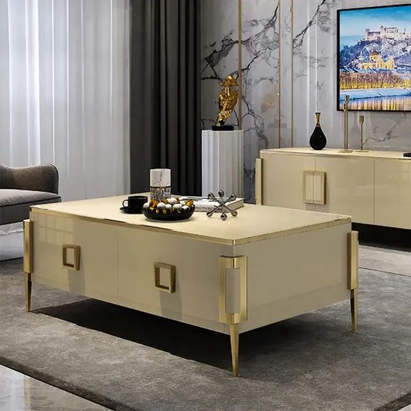 Best And Newest Glass Tabletop Coffee Tables Intended For Vectic Modern Gold Rectangular Coffee Table With Drawers & Tempered Glass  Tabletop Homary (View 15 of 20)