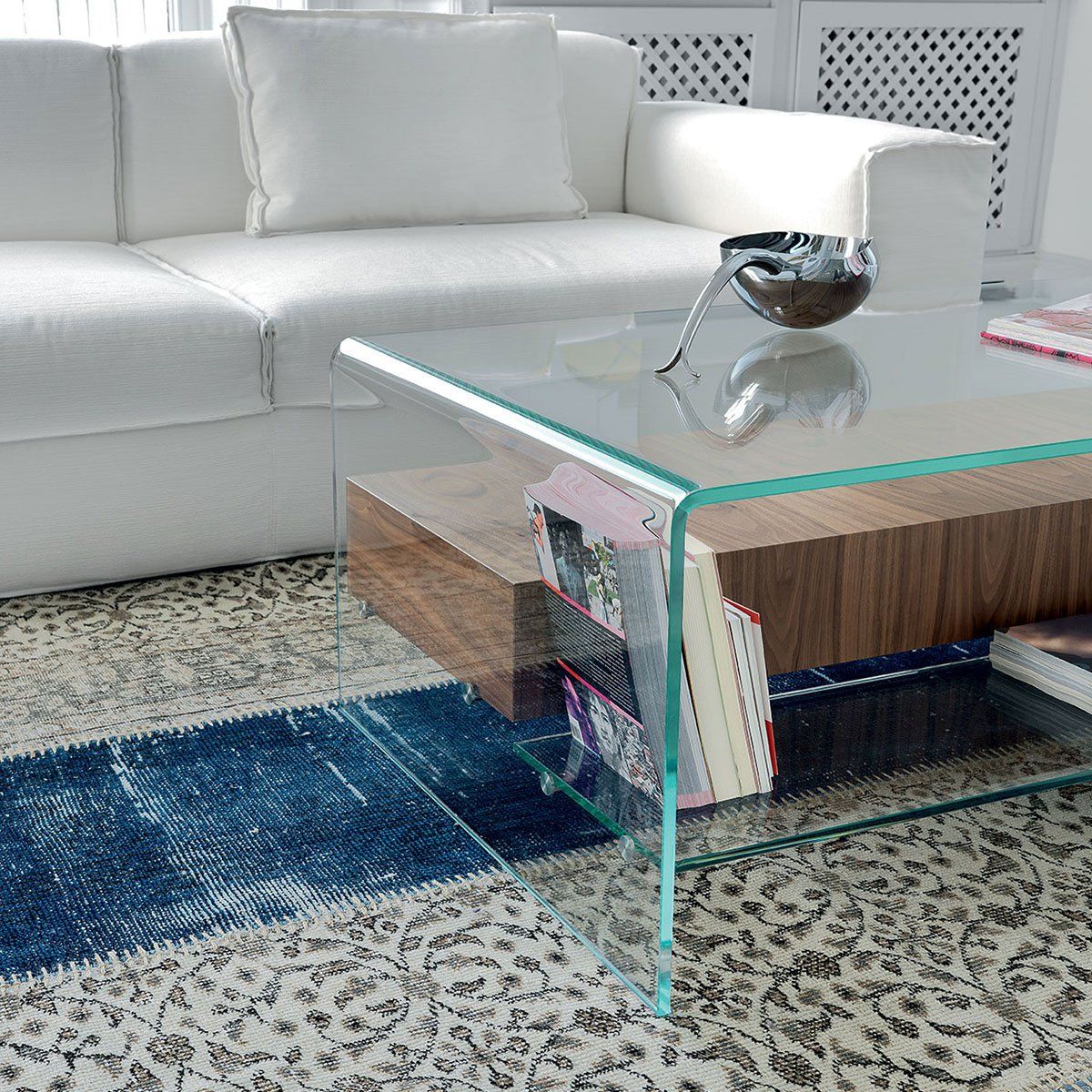 Bridge Glass Coffee Table With Shelf And Drawer – Klarity – Glass Furniture Intended For Most Up To Date Glass Coffee Tables With Storage Shelf (View 5 of 20)