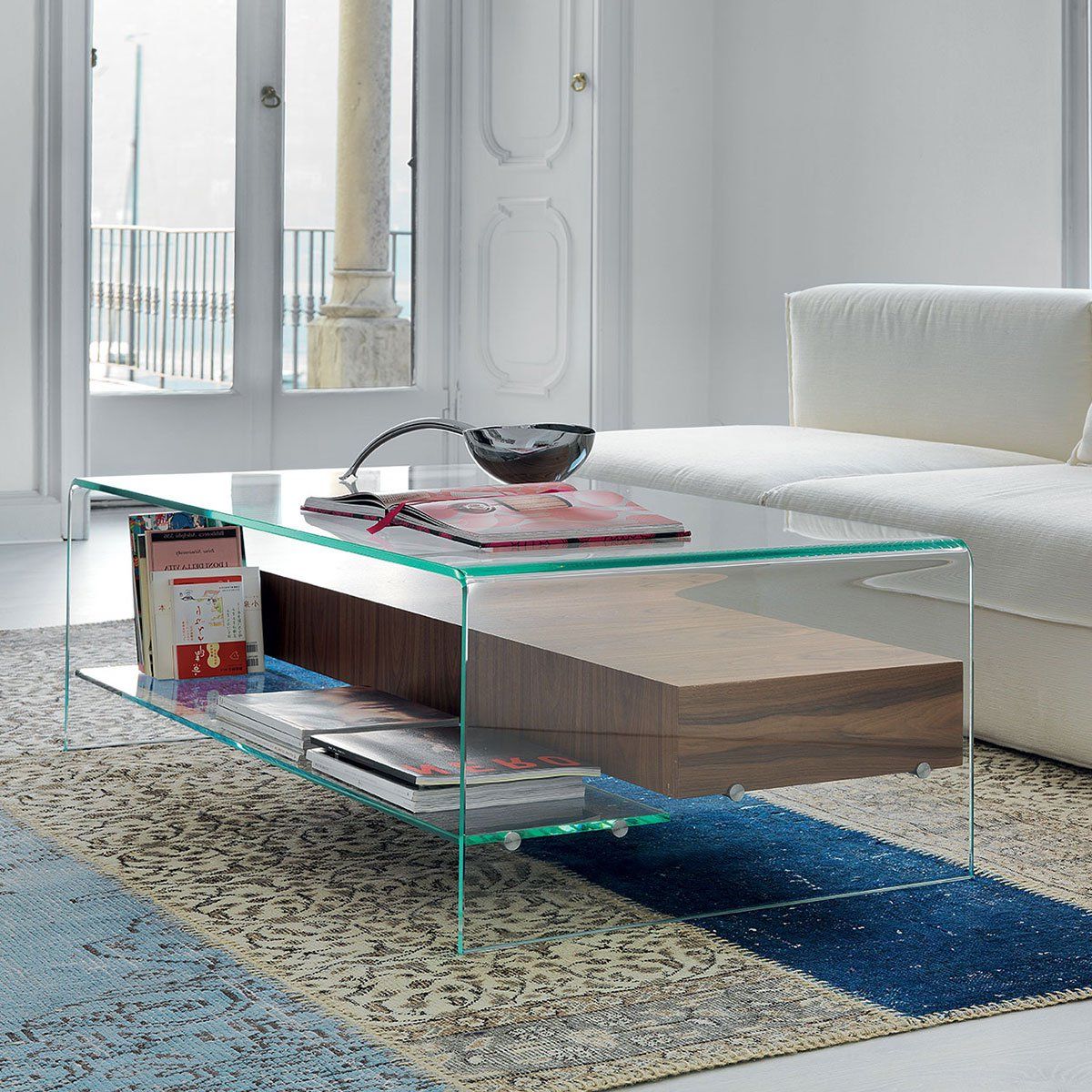 Bridge Glass Coffee Table With Shelf And Drawer – Klarity – Glass Furniture Pertaining To Well Known Glass Coffee Tables With Storage Shelf (View 1 of 20)