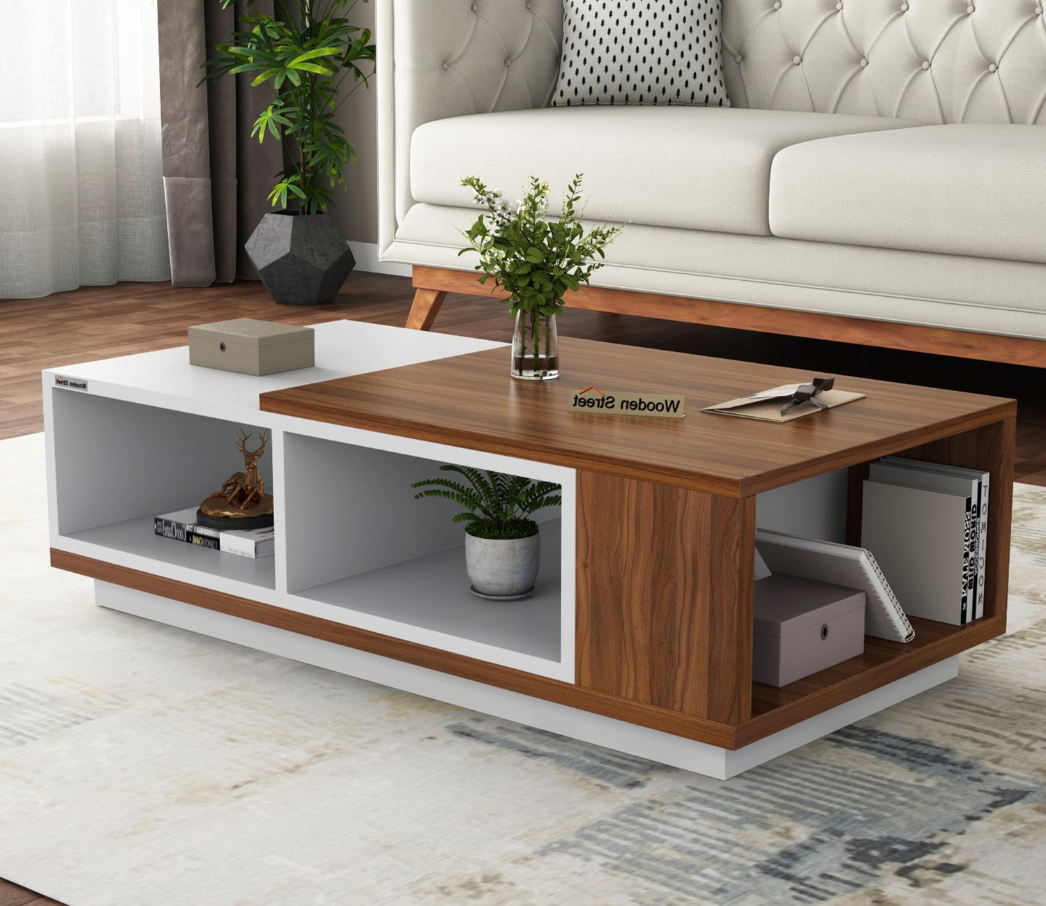 Buy Escobar Engineered Wood Coffee Table With Storage (exotic Teak Finish,  Frosty White Finish) Online In India – Wooden Street In Most Current Off White Wood Coffee Tables (Gallery 20 of 20)