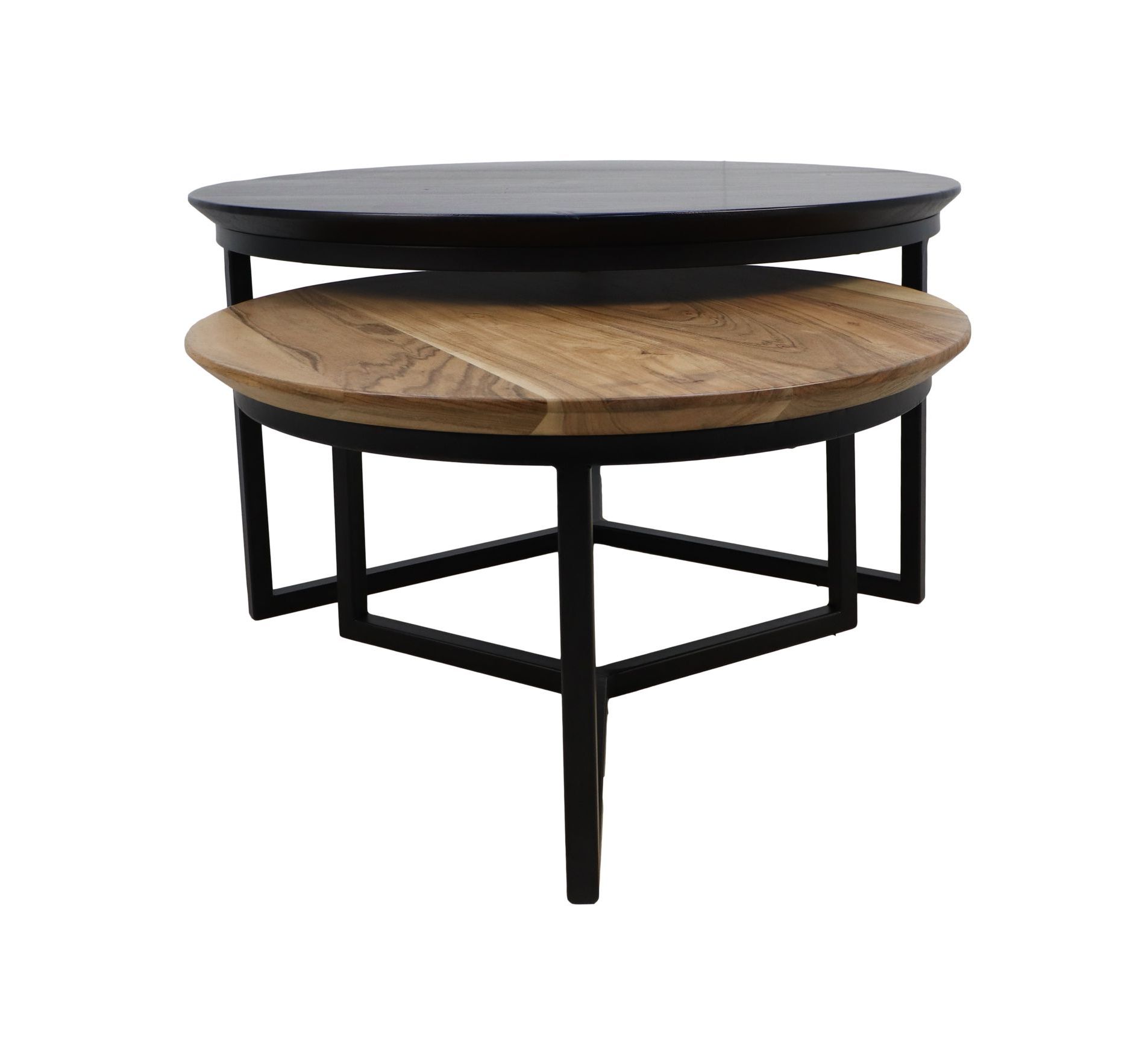 Coffee Table – Acacia Wood / Iron – Ø80 / Ø59 – Powder Coated Black – Set  Of 2 – Coffee & Side Tables – Henk Schram Meubelen With Most Recently Released Acacia Wood Coffee Tables (View 16 of 20)