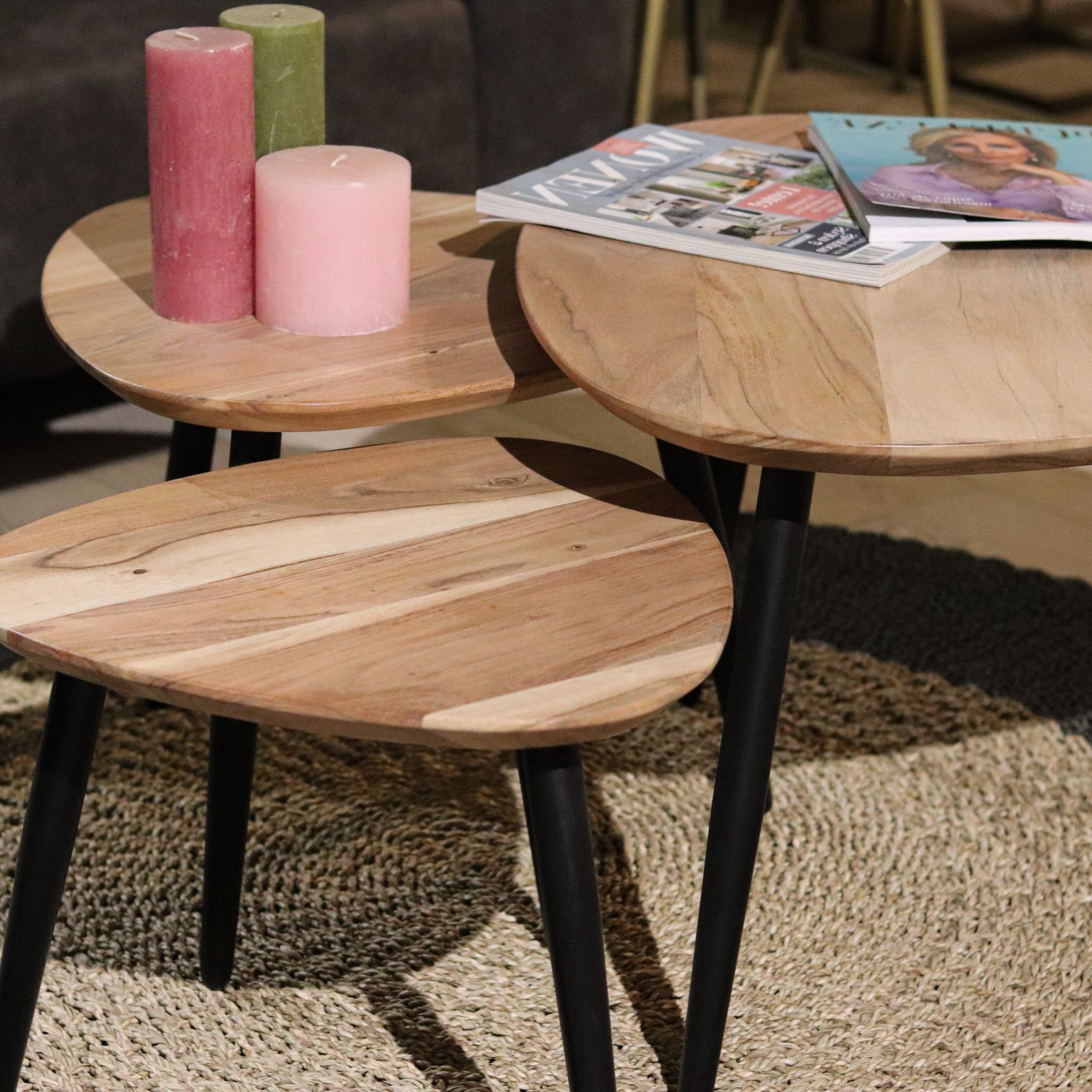 Coffee Tables – Ø70/Ø50/Ø45 – Acacia Wood/iron – Set Of 3 – Coffee & Side  Tables – Henk Schram Meubelen Regarding Fashionable Acacia Wood Coffee Tables (View 9 of 20)