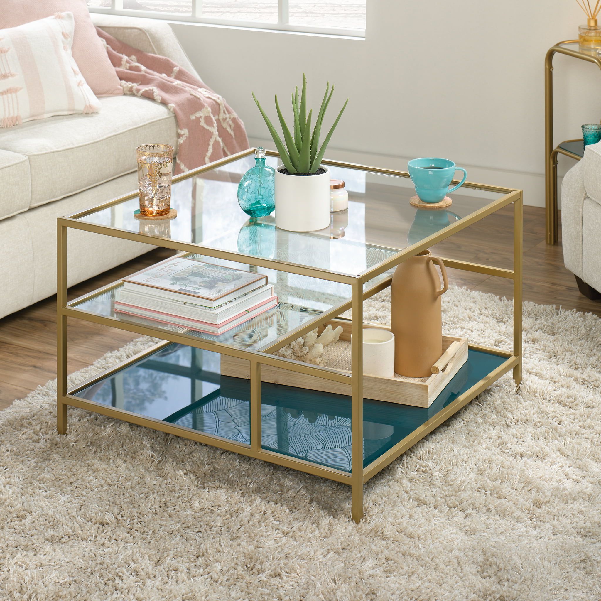 Current Satin Gold Coffee Tables Regarding Sauder Coral Cape Square Glass Coffee Table With Shelves, Satin Gold/clear  – Walmart (View 4 of 20)