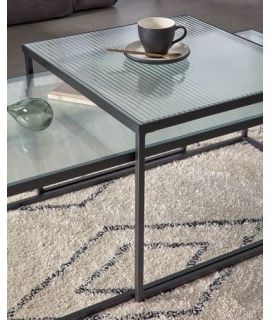 Dora Set Of 2 Coffee Tables In Real Frosted And Black Metal Industrial  Design Within 2020 Glass Topped Coffee Tables (View 5 of 20)