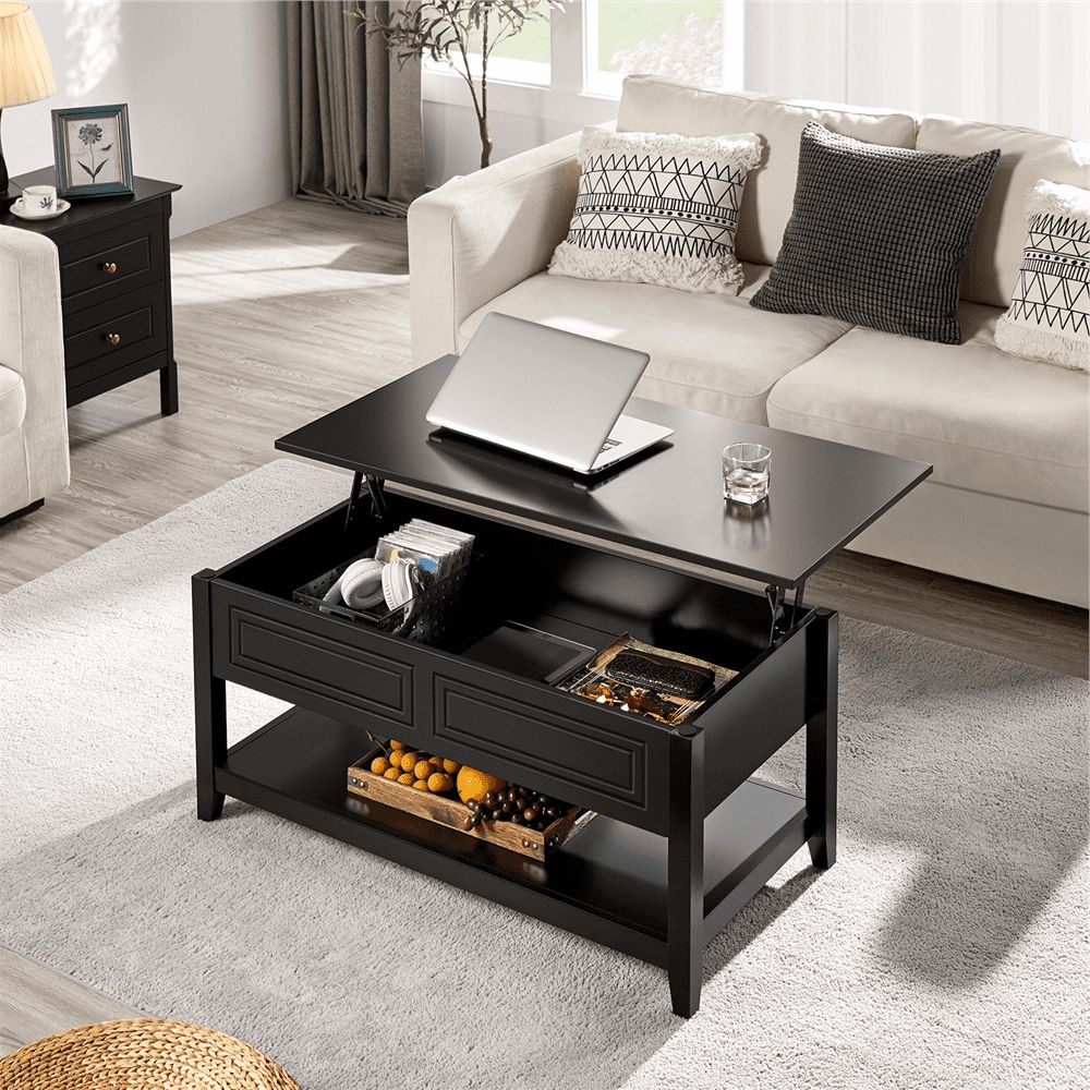 Easyfashion Wooden Lift Top Coffee Table With Hidden Storage And Bottom  Shelf, Black – Walmart Inside Most Up To Date Lift Top Storage Coffee Tables (View 16 of 20)
