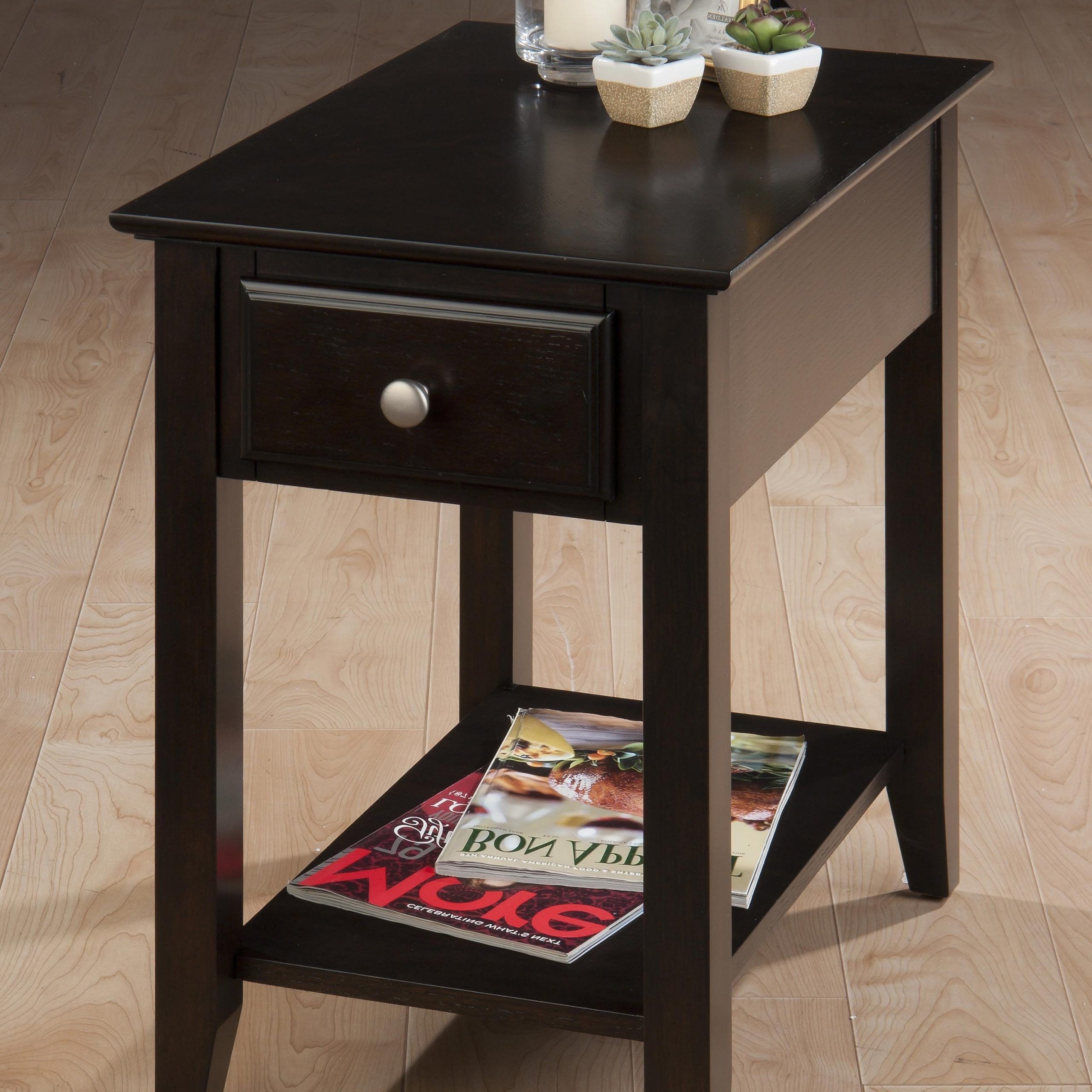 Espresso Chairside End Table With Drawer Shelf 1037 7jofran At Scholet  Furniture Pertaining To Famous Oak Espresso Coffee Tables (Gallery 20 of 20)