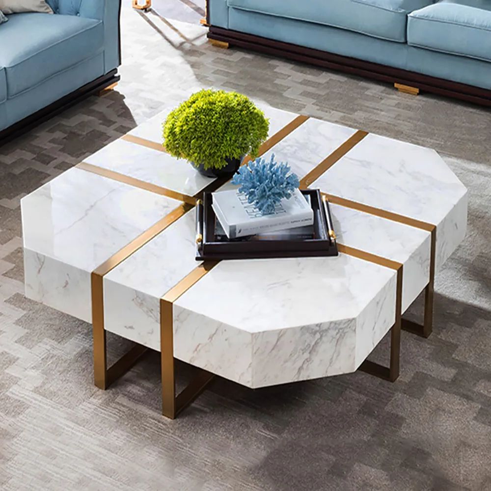 Famous Faux Marble Top Coffee Tables Pertaining To Modern White & Gold Coffee Table With Faux Marble Top & Stainless Steel  Frame Homary (Gallery 20 of 20)