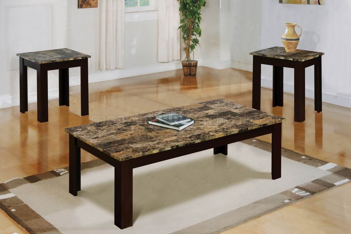 Faux Marble Top Modern 3pc Coffee Table Set W/brown Wood Base In Widely Used Faux Marble Top Coffee Tables (View 1 of 20)