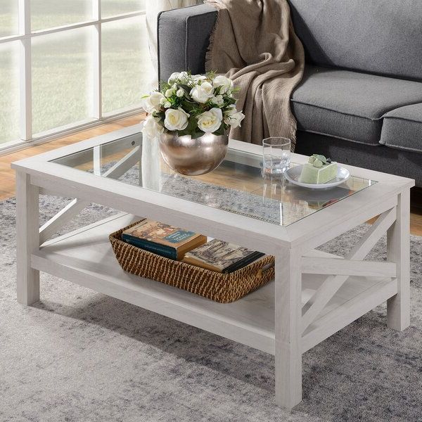 Favorite Glass Coffee Tables With Storage Shelf With Regard To Gracie Oaks Espinet Traditional Coffee Table With Wood Frame, Tempered Glass  Tabletop And Underneath Storage Shelf, White Oak & Reviews – Wayfair Canada (View 18 of 20)
