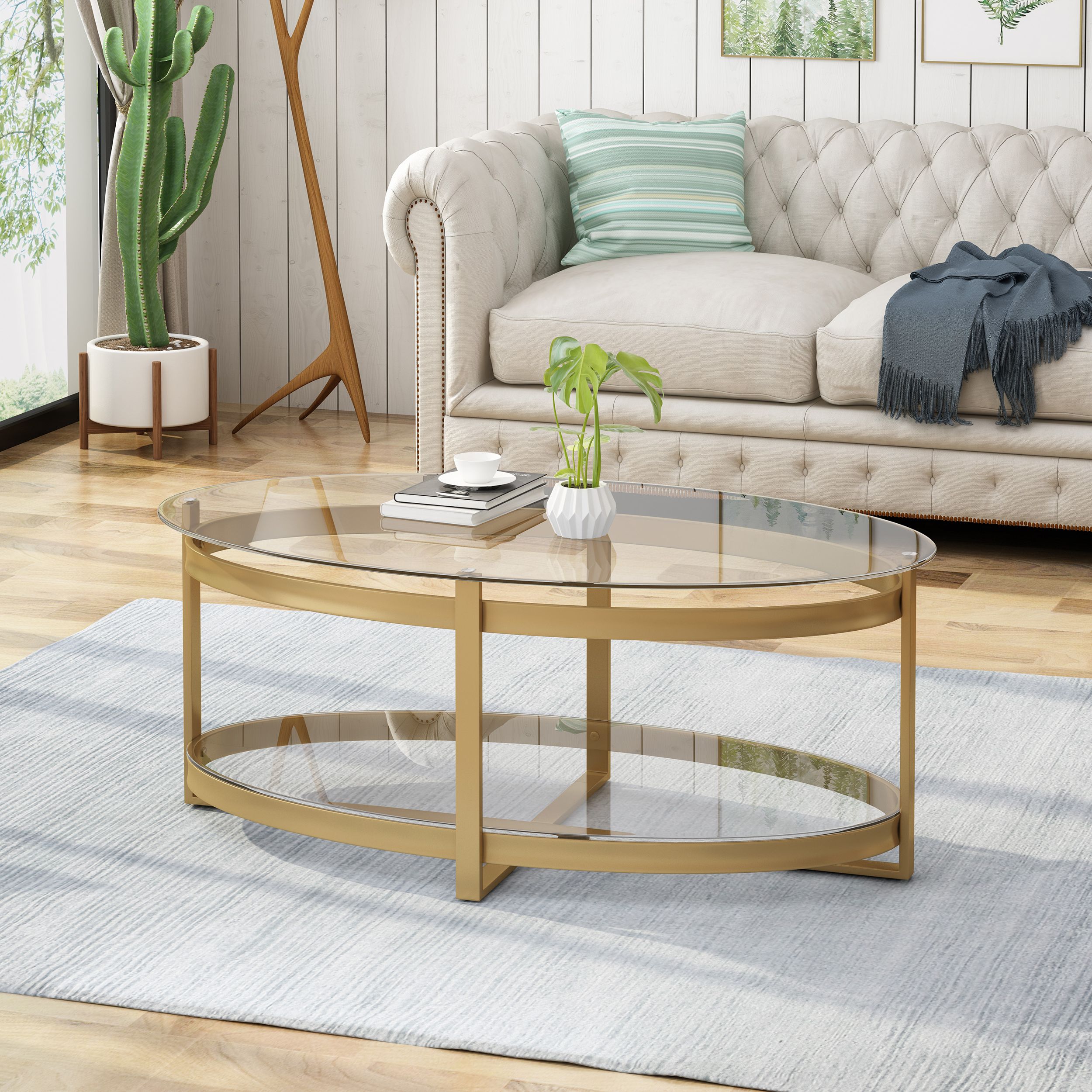 Gdf Studio Bell Modern Glam Tempered Glass Oval Coffee Table, Brass –  Walmart Pertaining To Most Popular Glass Oval Coffee Tables (View 6 of 20)