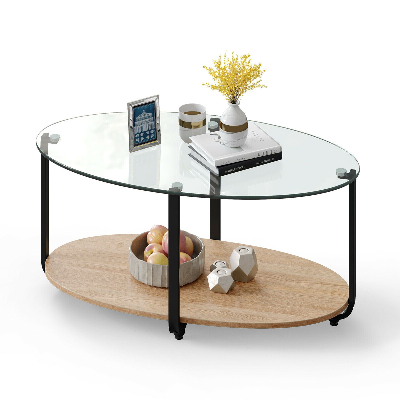 Glass Top Coffee Table 2 Tier Modern Oval Side Sofa Table W/ Storage Shelf  Jv10022 – Coffee Tables – Aliexpress Throughout Latest Glass Coffee Tables With Storage Shelf (View 9 of 20)
