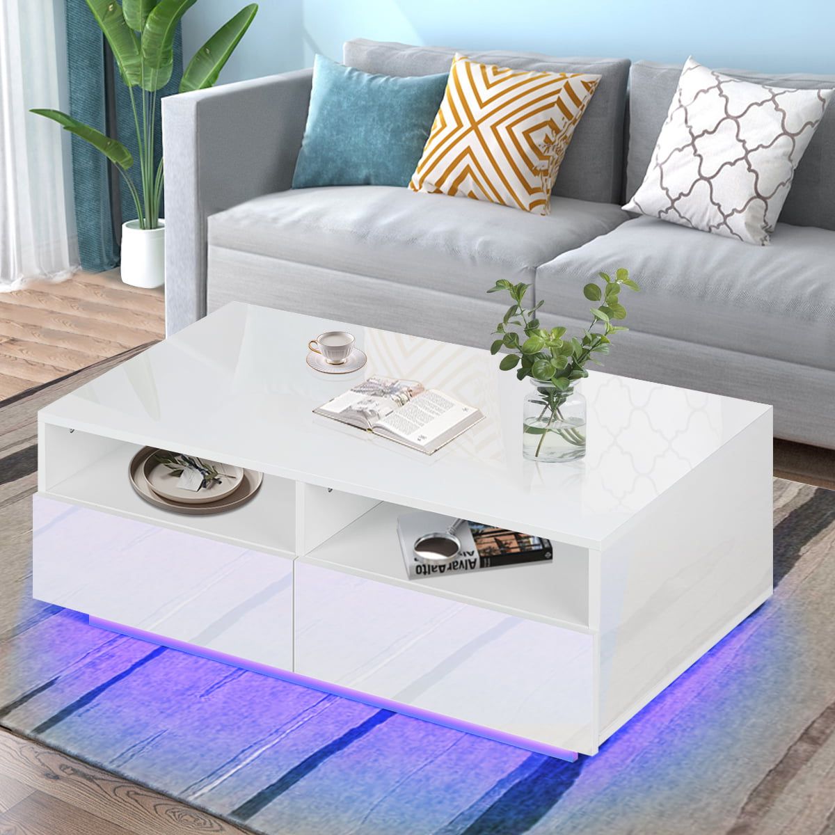 High Gloss Led Coffee Table Modern White Coffee Table With Storage Drawer,  35.4 X 22 X  (View 13 of 20)