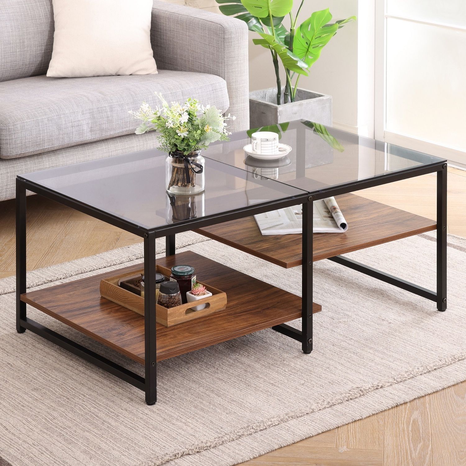 Homooi Glass Coffee Tables With Storage Shelves For Living Room, Retangle,   (View 6 of 20)
