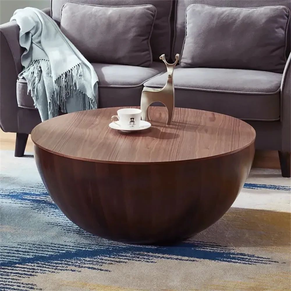 Latest Drum Shaped Coffee Tables Pertaining To Round Drum Wood Japandi Coffee Table With Storage Walnut Bowl Shaped Coffee  Table Homary (View 3 of 20)
