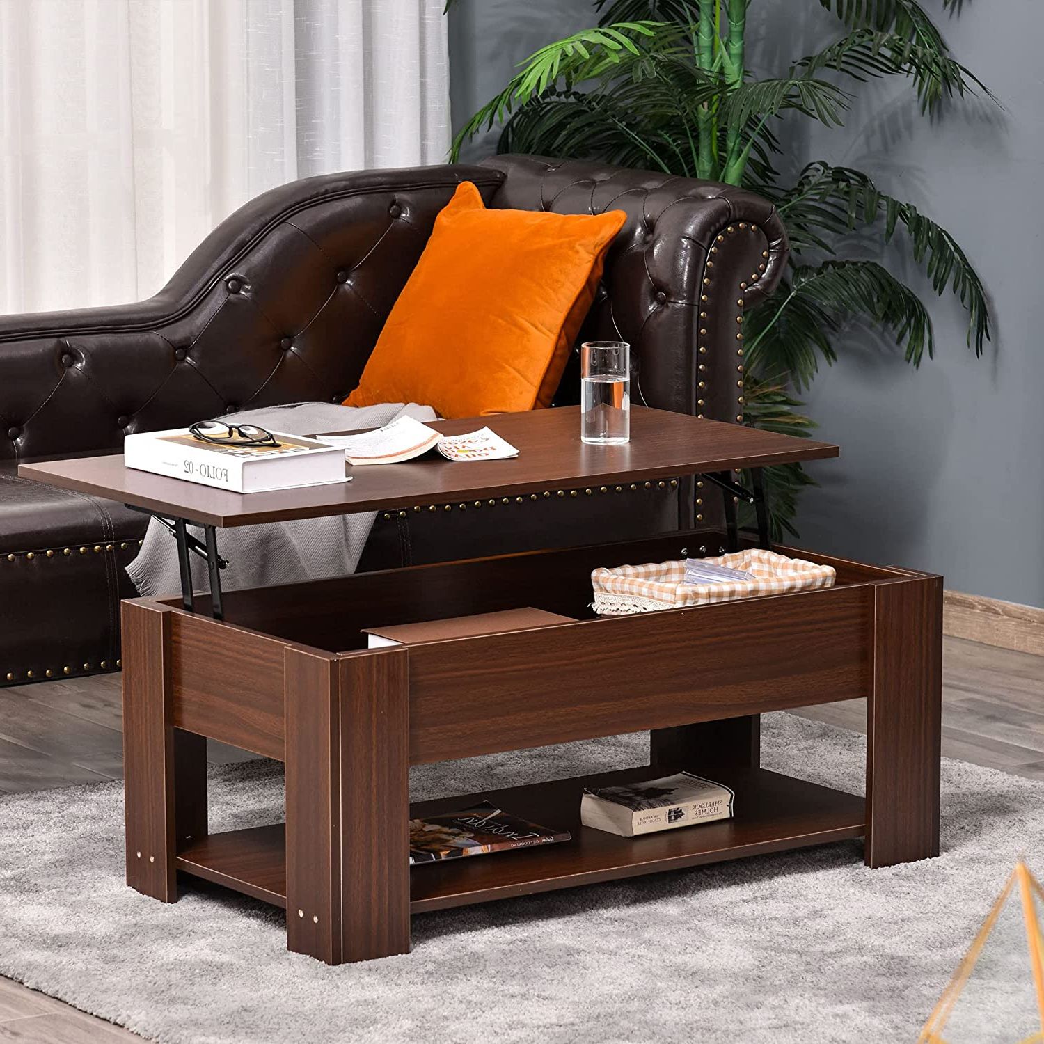 Lift Top Coffee Table With Hidden Storage Compartment And Open Shelf, Pop  Up Coffee Table For Living Room, Brown – Walmart Regarding Favorite Open Shelf Coffee Tables (View 2 of 20)