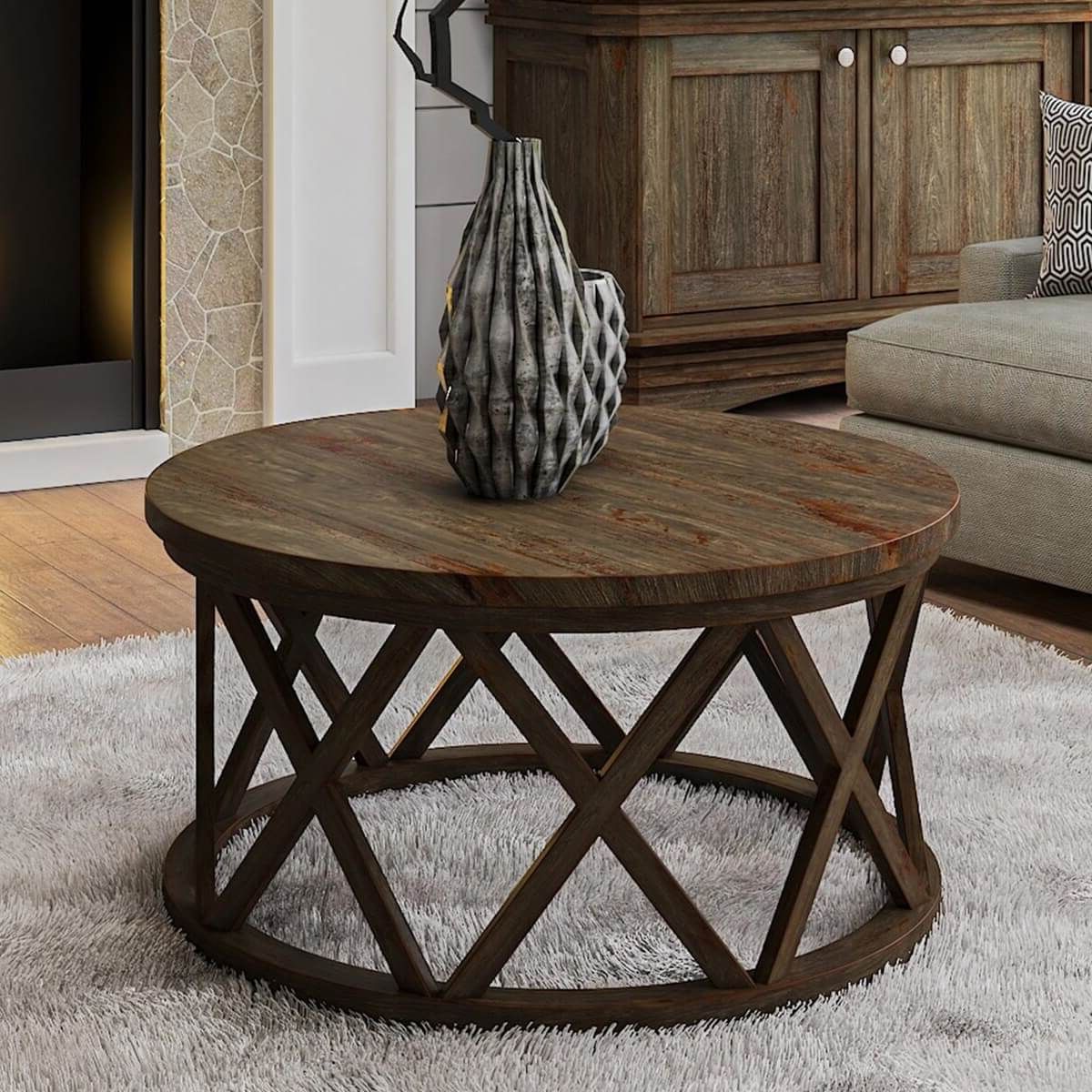 Mariefred Rustic Transitional Style Teak Wood Round Coffee Table Inside Preferred Rustic Round Coffee Tables (View 8 of 20)