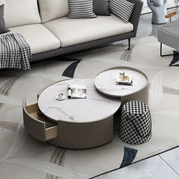 Modern Nesting Coffee Table Set With Drawer Sintered Stone Top 2 Piece Intended For Most Popular 2 Piece Coffee Tables (View 3 of 20)