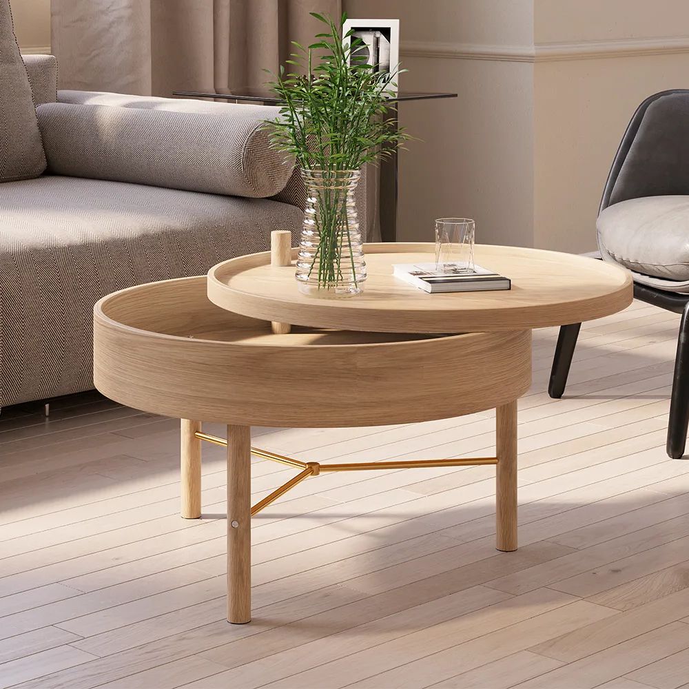 Modern Round Wood Rotating Tray Coffee Table With Storage & Metal Legs In  Natural Homary Regarding 2019 Rotating Wood Coffee Tables (View 4 of 20)