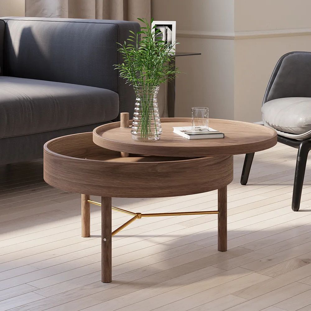 Modern Round Wood Rotating Tray Coffee Table With Storage & Metal Legs In  Walnut Homary In Best And Newest Rotating Wood Coffee Tables (View 9 of 20)