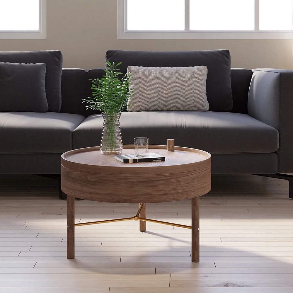 Modern Round Wood Rotating Tray Coffee Table With Storage & Metal Legs In  Walnut Homary Regarding Well Liked Wood Rotating Tray Coffee Tables (View 4 of 20)