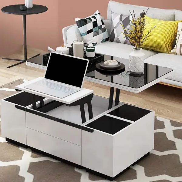 Modern White Lift Top Glass Coffee Table With Drawers & Storage  Multifunction Table Homary Pertaining To Best And Newest Contemporary Coffee Tables With Shelf (View 17 of 20)