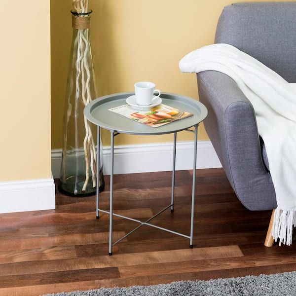 Most Popular Folding Accent Coffee Tables Regarding Foldable Round Multi Purpose Matte Grey Side Accent Metal Table Hdc65337 –  The Home Depot (View 8 of 20)