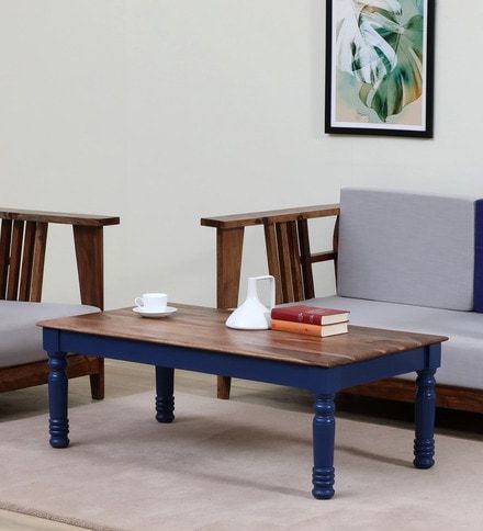 Most Popular Natural Stained Wood Coffee Tables In Buy Noyes Solid Wood Coffee Table In Blue & Natural Finishamberville  Online – Traditional Rectangular Coffee Tables – Tables – Furniture –  Pepperfry Product (View 9 of 20)
