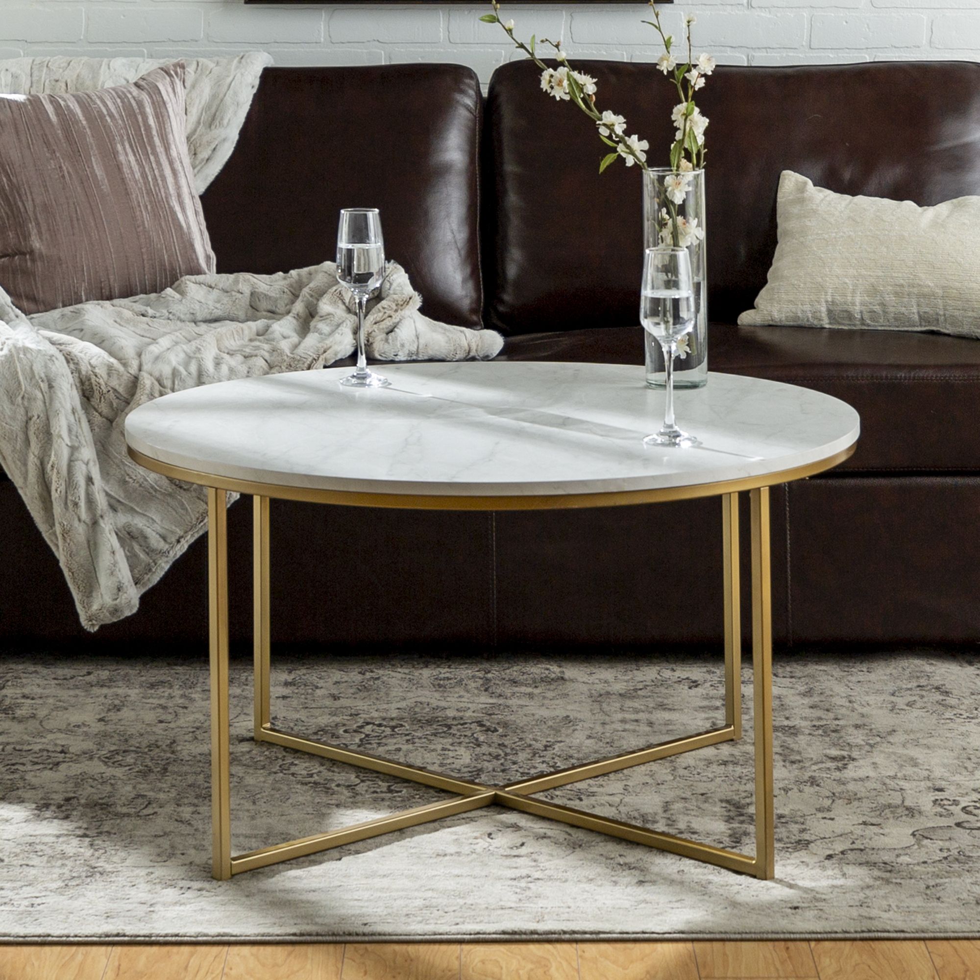 Most Recent Faux Marble Gold Coffee Tables Throughout Ember Interiors Modern Round Coffee Table, Faux White Marble/gold –  Walmart (View 7 of 20)