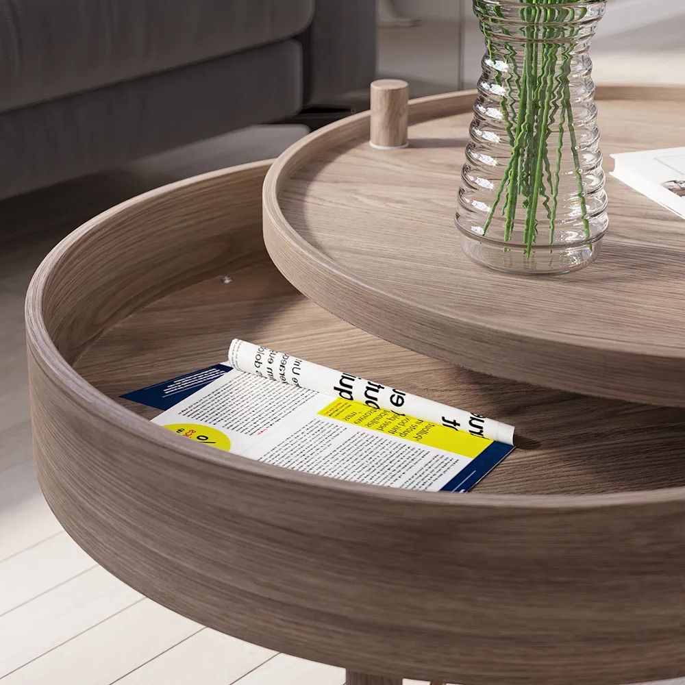 Most Recent Wood Rotating Tray Coffee Tables Within Modern Round Wood Rotating Tray Coffee Table With Storage & Metal Legs In  Walnut – Living Room Furniture – Homary Us (View 13 of 20)