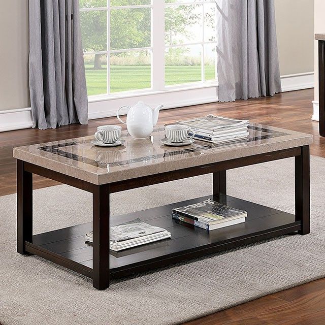 Most Recently Released Faux Marble Top Coffee Tables With Regard To Cm4187c Rosetta Dark Walnut Finish Wood Faux Marble Top Coffee Table With  Lower Shelf (View 3 of 20)